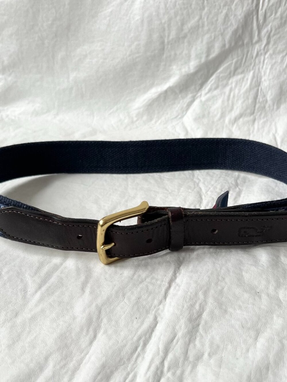 Vineyard Vines Club Belt Vineyard Whale Canvas blue size 30 brown leather brass
